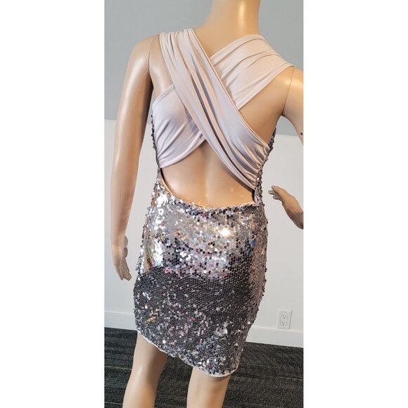 Sexy Women Short Sleeve Silver Sequin Mini Club Party Cocktail Dress Small - Picture 7 of 7